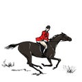 Equestrian sport fox hunting with galloping black horse man rider english style on landscape. Royalty Free Stock Photo